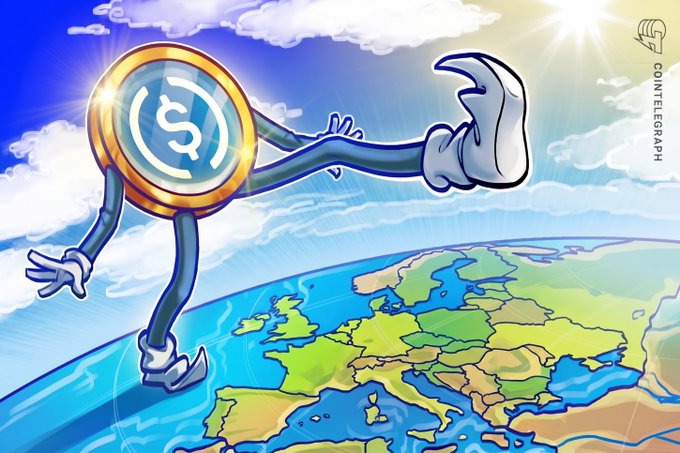 A Cointelegraph cartoon illustration shows a giant USDC stablecoin character running across a map of Europe under a bright sun.