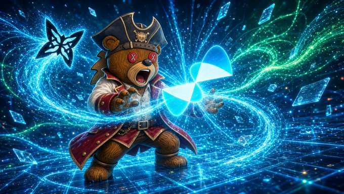 A vibrant digital artwork of a pirate teddy bear wearing a captain's hat and red coat, wielding glowing blue energy and surrounded by swirling magical effects and butterflies on a cosmic blue background.