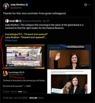 This image shows a Twitter thread with a user named "bearableguy123" quoting "Onward and upward!" in relation to comments on the Federal Reserve and the value of the greenback, which the accompanying post states is BG123, an artist and fan of XRP whose "prophecies" did not come true.