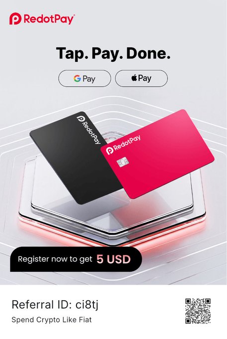 A promotional advertisement for 'RedotPay' with the tagline 'Tap. Pay. Done.', displaying G Pay and Apple Pay buttons, two credit cards, and 'Register now to get 5 USD' with Referral ID: ci8tj.