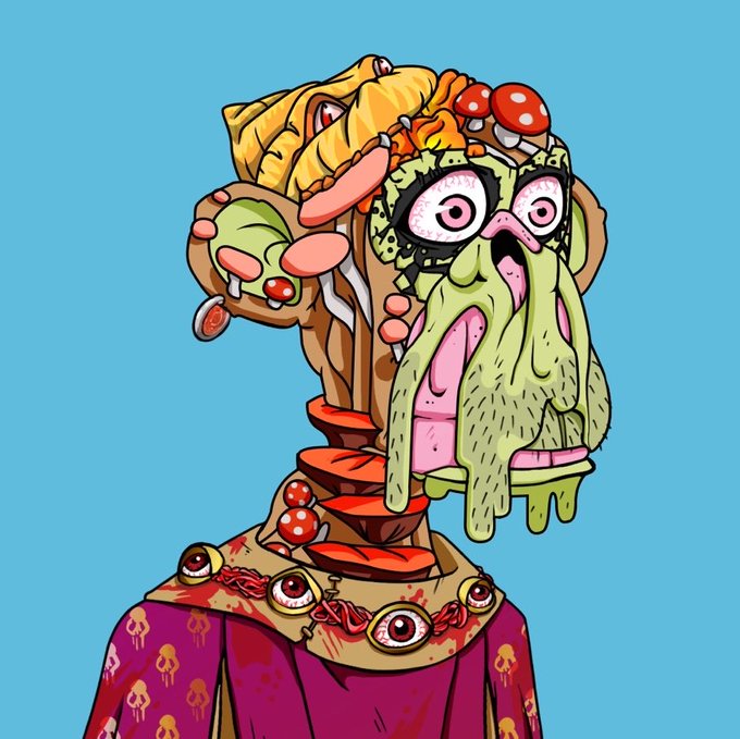 A grotesque, surreal Bored Ape Yacht Club character with wide bulging eyes, dripping green slime, mushrooms sprouting from its head, and multiple eyes embedded in a blood-splattered purple robe, perfectly capturing the bizarre and unsettling aesthetic associated with the Bored Ape NFT collection.
