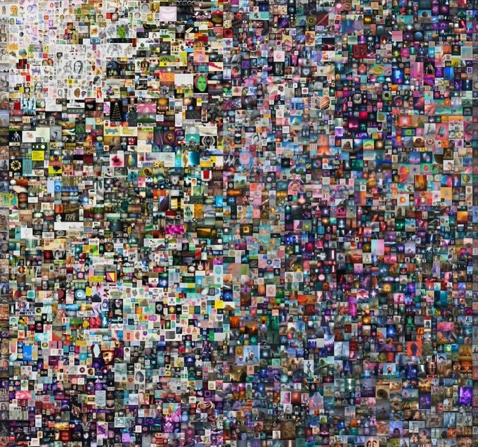 A dense mosaic or collage composed of thousands of small, colorful image thumbnails forming an abstract pattern.