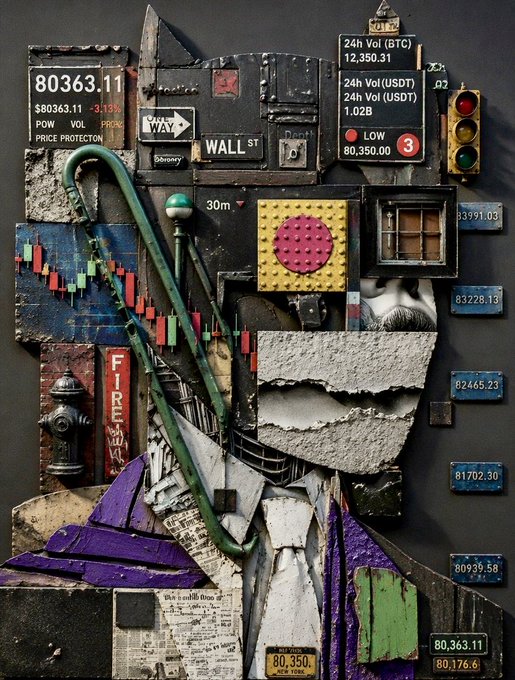 A mixed-media collage artwork featuring BTC price tickers ($80,363.11, $80,350.00, etc.), a 24h volume panel, traffic lights, a fire hydrant, street signs ('WALL ST', 'ONE WAY', 'FIRE'), a candlestick chart, and urban debris.