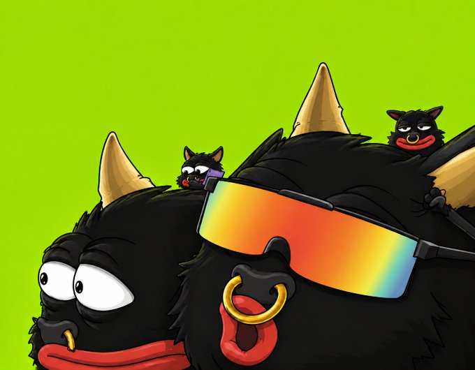 A cartoon illustration of black bulls with gold nose rings, horns, and one wearing rainbow gradient sunglasses, set against a bright green background with small black cat-like creatures perched on them. The bullish imagery of the charging bulls visually reinforces the "bullish memecoin" narrative promoted in the post.