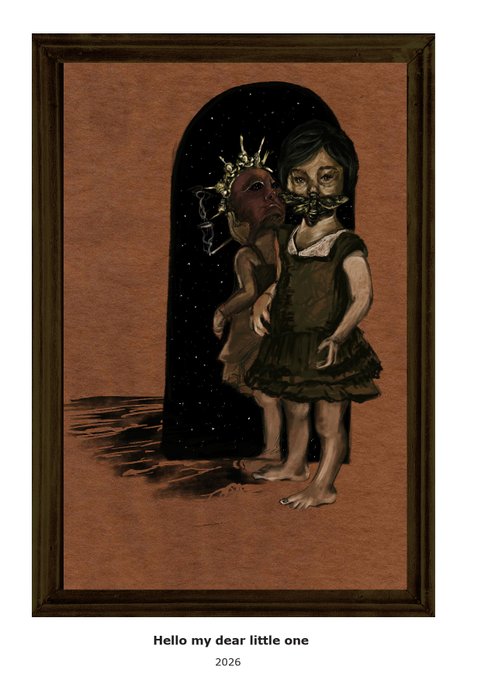 A dark, gothic framed illustration titled 'Hello my dear little one 2026' showing two eerie children in dark dresses standing in front of a starry portal.