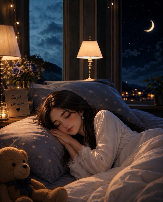An AI-generated illustration depicts a young woman with long dark hair peacefully sleeping in bed under star-patterned pillows, with a teddy bear beside her, a lamp, a 'Sweet Dreams' sign, and a window showing a crescent moon and stars.