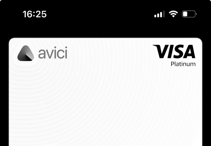 A smartphone screen displays a white Avici Visa Platinum card added to a digital wallet at 16:25, illustrating the post's announcement about activating the Avici virtual card on Apple Wallet after discovering the service through a conversation.