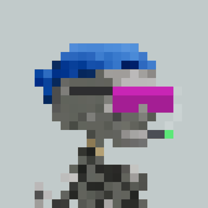 A pixel art character in profile view wearing a blue cap, with dark body, pink and gray accents against a light background.