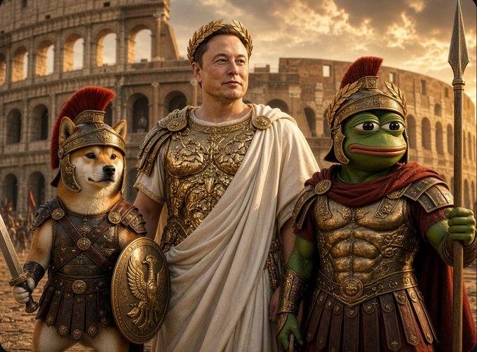 A humorous AI-generated image of Elon Musk dressed as a Roman emperor, flanked by a Doge Shiba Inu and a Pepe the Frog, both in Roman armor, standing in front of the Colosseum.