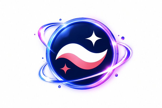A digital illustration of a glowing dark blue orb with pink and blue neon rings, featuring a stylized white and pink wave design and small star sparkles.