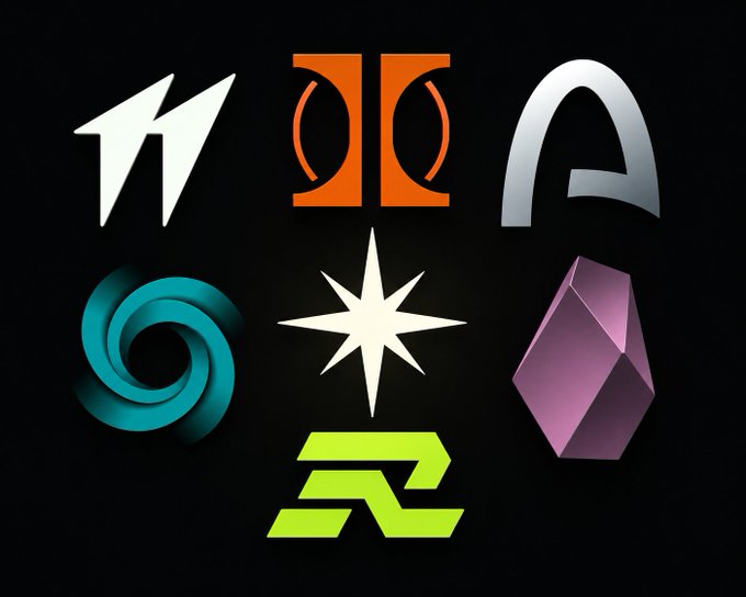 An arrangement of various colorful abstract 3D logos and icons, including a white arrow, orange 'OC' shape, gray 'A' shape, teal swirl, white star, lime green 'R'-like symbol, and purple geometric crystal, on a black background.