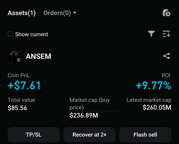 A dark-themed crypto portfolio screen showing 'ANSEM' with Coin PnL '+$7.61', ROI '+9.77%', and Total value '$85.56'.