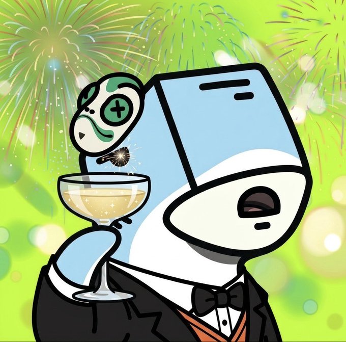 A cartoon illustration depicts a character with a CRT monitor for a head, wearing a tuxedo and bow tie, holding a champagne coupe while lighting a sparkler held by a small panda-like creature against a backdrop of fireworks.