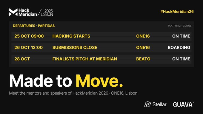 A Hack Meridian 2026 departures board lists “HACKING STARTS,” “SUBMISSIONS CLOSE,” and “FINALISTS PITCH AT MERIDIAN,” alongside the slogan “Made to Move.”