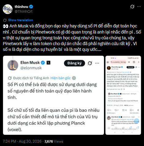 The image shows a tweet from "Thịnh Crt" (@ThinhCrt) discussing a connection between Elon Musk, Pinetwork, and the number π, alongside an embedded screenshot of Elon Musk's tweet about Pi's relevance to describing the universe using Planck volumes, dated August 30, 2026.