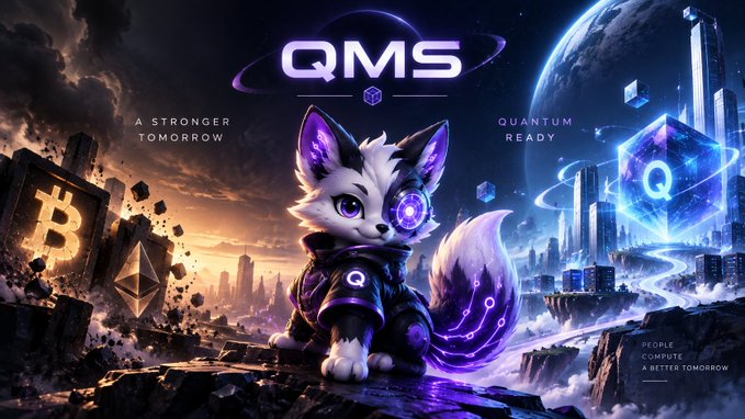 A promotional banner for 'QMS' features a futuristic white fox-like creature with glowing purple eyes and circuit-like markings, set against a sci-fi cityscape with floating Bitcoin and Ethereum symbols. Text reads: 'A STRONGER TOMORROW', 'QUANTUM READY', and 'PEOPLE COMPUTE A BETTER TOMORROW.'