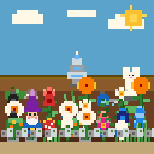 A pixel art garden scene featuring various characters including a penguin, gnomes, and a bunny among blooming flowers and sunflowers, with a watering can floating in the sky—visually illustrating the garden growing, watering, and decorating gameplay elements mentioned in the tutorial guide.