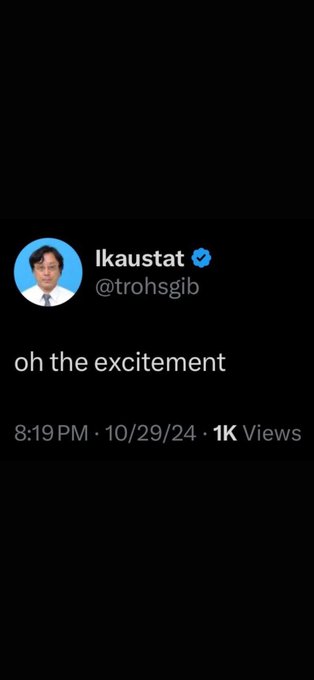 A screenshot of a tweet from user "Ikaustat" (@trohsgib), whose profile shows a man in a suit, reading "oh the excitement," posted at 8:19 PM on 10/29/24 with 1K views.