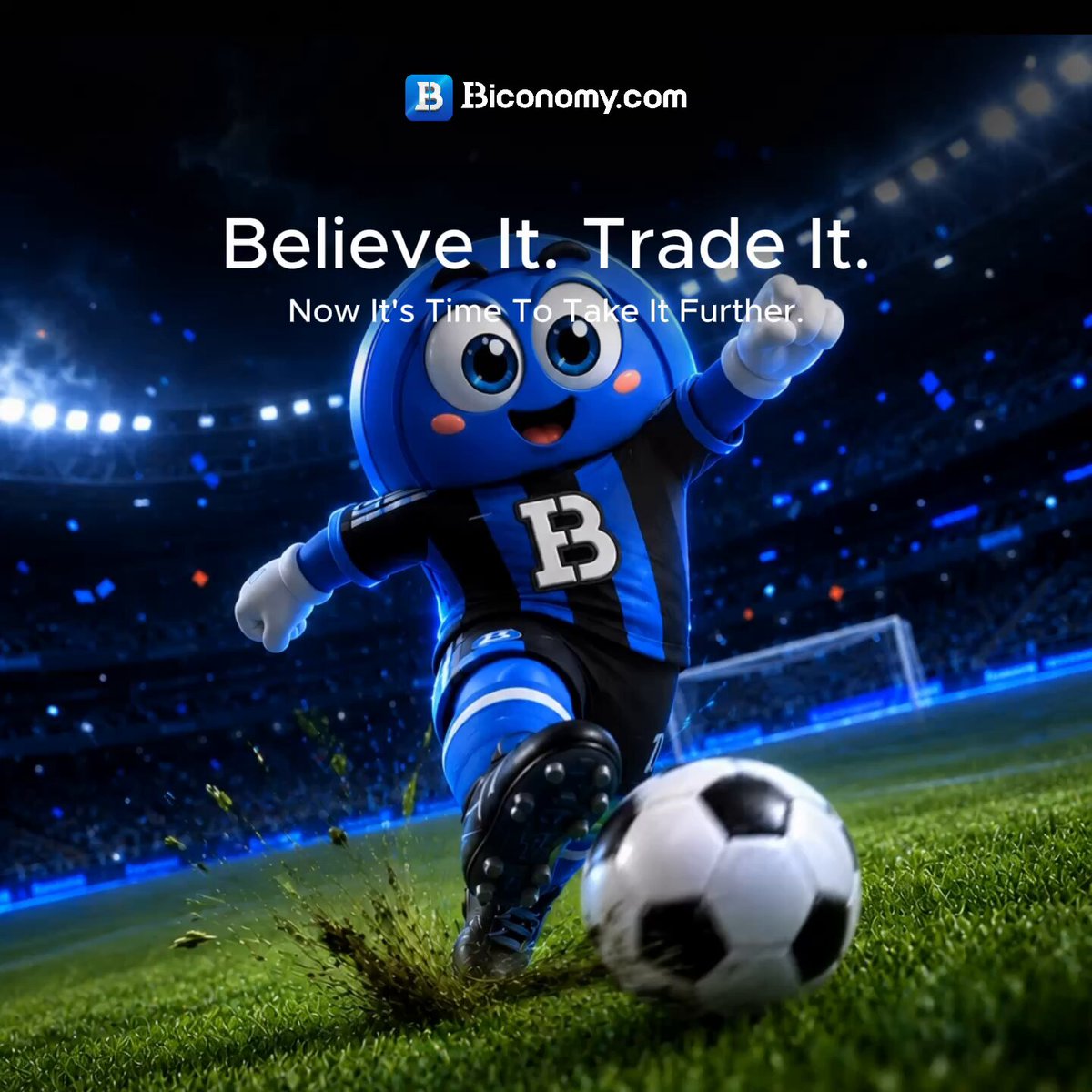 "Your crypto hero just made the shot!" says a large blue soccer ball with two black eyes and a white mouth, positioned below a blue character wearing a soccer uniform that has an orange and blue patterned design. The text displayed on this image is "Believe It. Trade It!. Now it's time to take it further." This implies that there is an ongoing discussion or campaign related to cryptocurrency trading, and the primary focus of this post appears to be promoting and encouraging people to believe in and trade their crypto assets. The connection between the soccer ball and the character is subtle but noticeable as both share a central theme: believing in one's abilities and trusting in the decision-making process that led to the outcome.