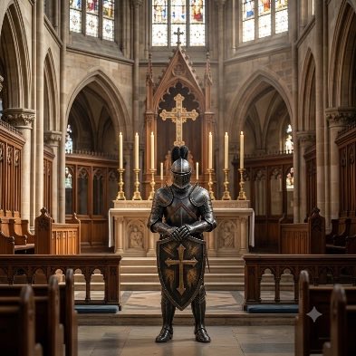 A medieval knight in full armor stands in a cathedral with a sword, holding a shield emblazoned with a cross. The image's religious, disciplined, and fortress-like aesthetic reinforces the post's themes of "stacking skills" and building strength through faith and perseverance, much like $STKR's mission of accumulation and defense of value.
