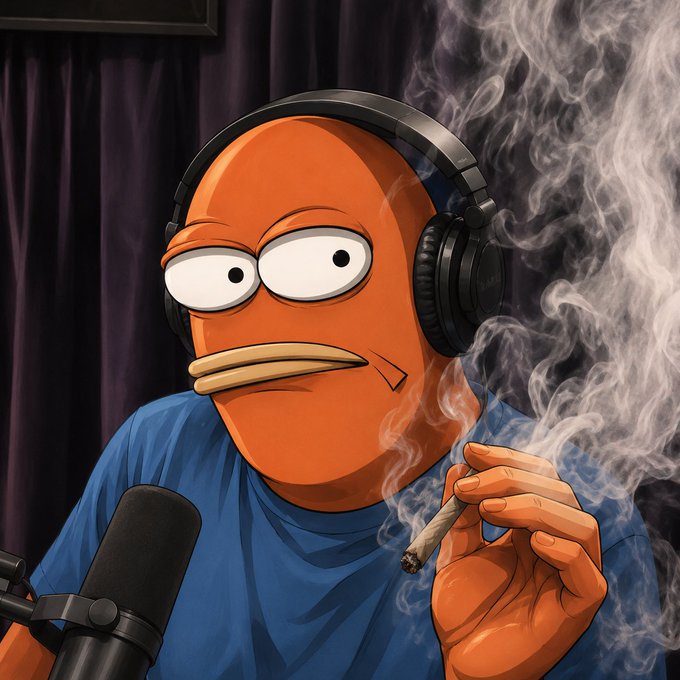 A stylized illustration of an orange fish-like humanoid character wearing black headphones, smoking a joint, and speaking into a microphone with smoke swirling around.