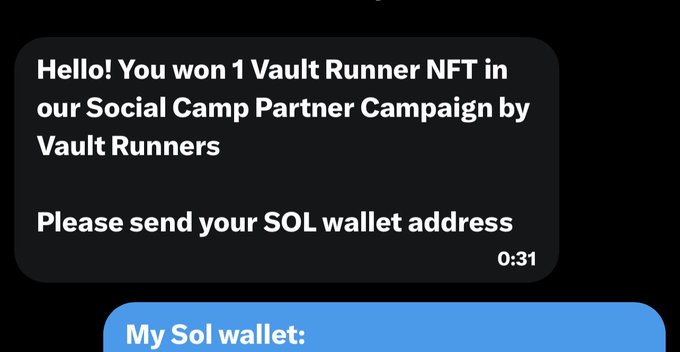 The image shows a text message conversation between two people discussing their recent win of an online auction for a vault runner. The message includes details about the social camp partnership that led to this victory, as well as instructions on how to send money using a specific wallet address.
