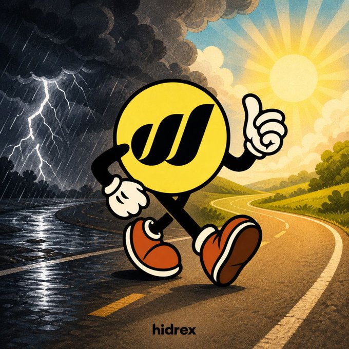 A cartoon yellow smiley character with a "W" on its face strides confidently down a road, pointing toward a bright sunny horizon on one side while a stormy, lightning-filled landscape looms on the other, visually embodying the quote's theme of choosing optimism amid uncertainty. The text "hidrex" appears at the bottom, and the imagery symbolizes optimism for the ticker $WMTx as it moves from stormy times toward a brighter future.