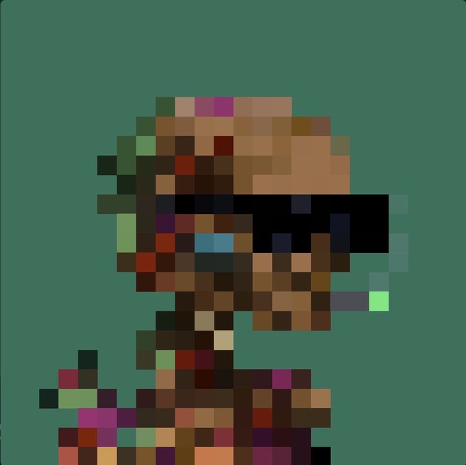A highly pixelated, low-resolution profile portrait of a person with brown skin and a ponytail against a green background.