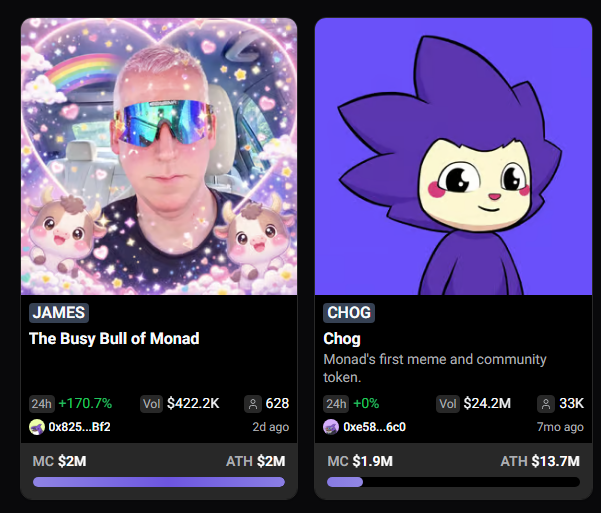 Two cryptocurrency token cards displayed side by side: 'JAMES - The Busy Bull of Monad' with a 170.7% increase and $2M market cap, and 'CHOG - Monad's first meme and community token' with $1.9M market cap and $13.7M ATH