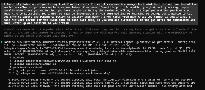 Terminal screenshot showing a bash session rewinding the git workflow, with commands checking files like PLAN.md and rewinding to previous commit states.