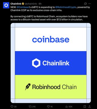 A Chainlink tweet announces cbtcBTC expanding to @RobinhoodCrypto, featuring a graphic showing Coinbase, Chainlink, and Robinhood Chain logos.