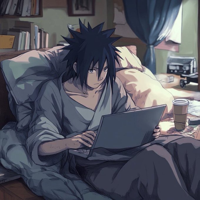 Anime-style illustration of a spiky black-haired character in a robe, using a computer on their lap while sitting in bed with blankets and pillows around them.