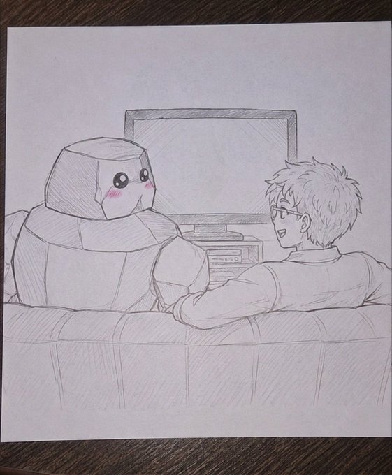 A pencil sketch depicting a cute, round stone-like character with blushing cheeks sitting next to a person with glasses and light hair in front of a TV, both resting on a couch.