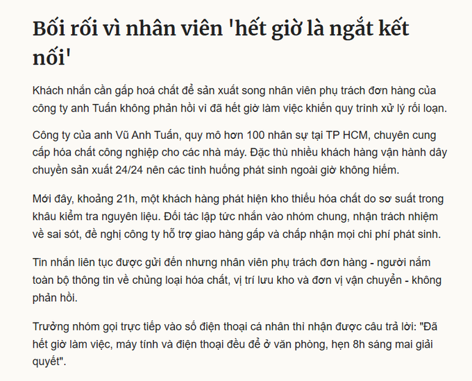 The image is a Vietnamese-language news article titled "Bối rối vì nhân viên 'hết giờ là ngắt kết nối'" (Confused because employees "disconnect when work hours end"). The article describes a business owner's frustration after a customer urgently needed industrial chemicals delivered outside business hours, but the employee in charge of the order didn't respond because they had clocked out for the day. When the manager called the employee's personal phone, the employee replied: "Work hours are over, my computer and phone are in the office locker, see you at 8am tomorrow."

The image relates to the post by illustrating the generational tension around work-life boundaries, where the older business owner expects round-the-clock availability from employees, while the employee firmly separates work time from personal time—a dynamic the post frames as employees rightfully reclaiming their own time after being raised on hustle culture.