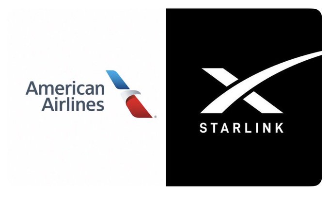 The image features two logos, one for American Airlines and another for Starlink, both prominently displayed against a white background. The American Airlines logo includes an eagle holding a tricolor flag with the words "American Airlines" written below it. The Starlink logo is black and white, featuring the word "Starlink" in white letters on a black background. The text "Ripple Partner, American Airlines, is teaming up with Elon's Starlink As I told you in the past... X-Payments = XRP XLM HBAR DOGE and I think OXT will be added HBAR will add the protection XRP XLM DOGE the payments All on the flight in seconds.". The image focuses on the logos and their association with the post, highlighting the partnership between American Airlines and Starlink for payment methods during flights.