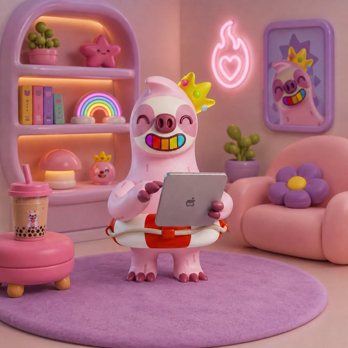 A cheerful pink pig character wearing a crown and life preserver happily browses on a tablet in a cozy, pastel-colored room filled with playful decor including a boba tea, neon flame sign, and cute plush accents.

The image's playful, NFT-inspired pig character (resembling popular collection aesthetics) fits perfectly with the post's discussion of engaging with NFT communities on Fridays, adding a fun visual mascot for the crypto/NFT crowd.