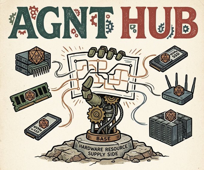 The image is a stylized illustration titled "AGNT HUB" featuring a central mechanical hand holding a circuit board mounted on a pedestal labeled "BASE HARDWARE RESOURCE SUPPLY SIDE," surrounded by hardware icons (RAM chips, SSDs, routers, and server racks) each marked with "AGNT" branding. The visual reinforces the post's message by depicting AGNT Hub as the connective layer that orchestrates decentralized hardware resources, replacing centralized cloud bottlenecks with a distributed compute foundation.
