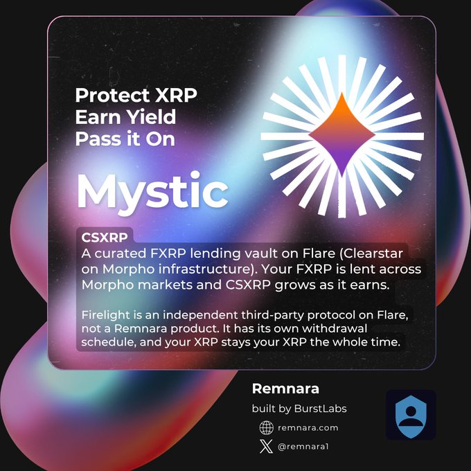 The image is a promotional graphic for Remnara's "Mystic" integration with Firelight, featuring a vibrant purple and pink gradient background with a glowing starburst logo. It reads "Protect XRP, Earn Yield, Pass it On — Mystic: CSXRP — A curated FXRP lending vault on Flare (Clearstar on Morpho infrastructure)," and includes a disclaimer noting that Firelight is an independent third-party protocol.

This graphic relates to the post by advertising the Mystic yield option available to Remnara users who sign up for an inheritance plan via XamanWallet, highlighting how they can put their protected XRP to work earning yield through the Flare ecosystem.