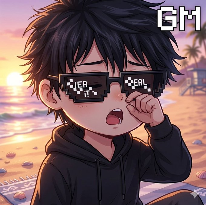 An anime-style illustration of a boy with black hair wearing pixelated sunglasses that read 'YEAY IT' on a beach at sunset, with a 'GM' watermark in the corner.