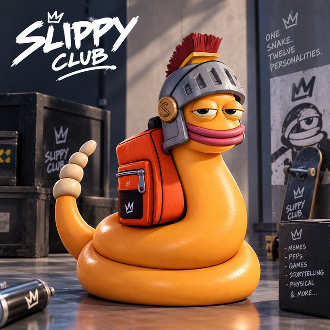 A 3D rendered promotional image for "SLIPPY CLUB" featuring an orange worm-like character wearing a Roman-style helmet with a red crest and an orange backpack.