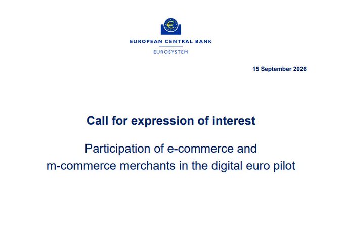 A document from the European Central Bank Eurosystem dated 15 September 2026 titled 'Call for expression of interest: Participation of e-commerce and m-commerce merchants in the digital euro pilot'.