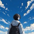 An anime-style illustration showing a person wearing a backpack and face mask, viewed from behind while looking up at a bright blue sky with scattered clouds.