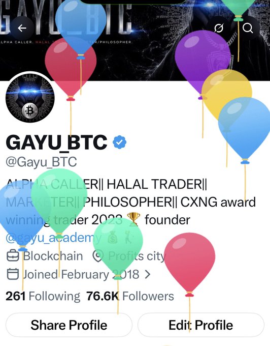 The image shows a Twitter/X profile for "GAYU_BTC" (@Gayu_BTC), described as an "ALPHA CALLER|| HALAL TRADER|| MARKETER|| PHILOSOPHER|| CXNG award winning trader 2020 🏆" with 76.6K followers. The profile picture features a Bitcoin logo, and the banner and page are decorated with colorful balloons. The caption "Alhamdulillah, I'm +1 and -1." relates to a trading update where the user experienced both a winning and losing trade, fitting their persona as a self-described trader.