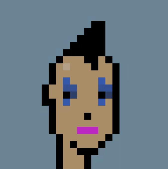 A pixel art portrait of a face with a pointed hair detail, blue eyes, and pink lips set against a solid blue background.