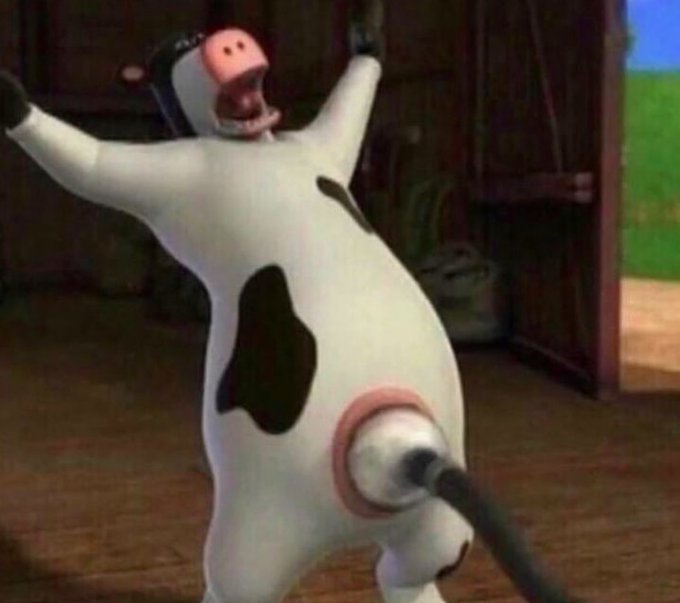 A cow character in a barn with its arms raised dramatically and a milking machine attached to its udder, appearing distressed.