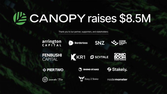 An announcement graphic stating 'CANOPY raises $8.5M', listing partners and supporters including Arrington Capital, Borderless, SNZ, and Code Craft, among others.