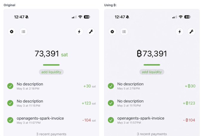 The image shows two cell phone screens side by side, displaying different information about a payment. The left screen displays the amount of money spent or received, while the right screen has a summary of the payment details. Both screens have green checkmarks indicating that they are active and in use. The post on which this image is displayed reads: "i love @PhoenixWallet - it' s been my daily driver for years i would love it even more if it adopted the ₿ so clean".