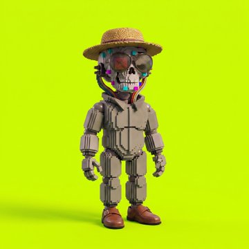 A 3D-rendered robot figure with an exposed skull-like face wearing a straw hat, standing with arms at its sides against a bright yellow-green background.
