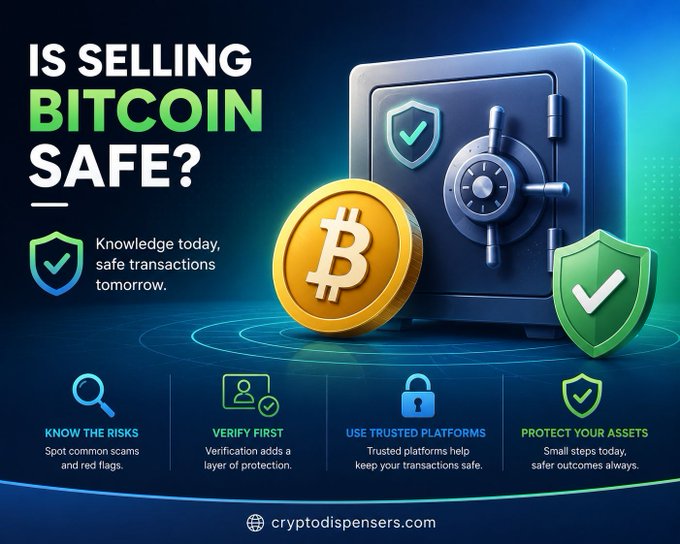 A digital promotional graphic with the heading 'IS SELLING BITCOIN SAFE?' alongside a 3D illustration of a vault and a Bitcoin coin, listing tips like 'KNOW THE RISKS', 'VERIFY FIRST', 'USE TRUSTED PLATFORMS', and 'PROTECT YOUR ASSETS' for cryptodispensers.com.