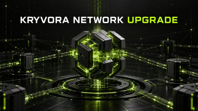 A futuristic tech graphic announces 'KRYVORA NETWORK UPGRADE' above a glowing green and black mechanical cube structure connected to network nodes.